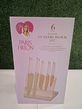 Paris Hilton 6 Piece Magnetic Cutlery Block Set Pink Gold Titanium Stainless...